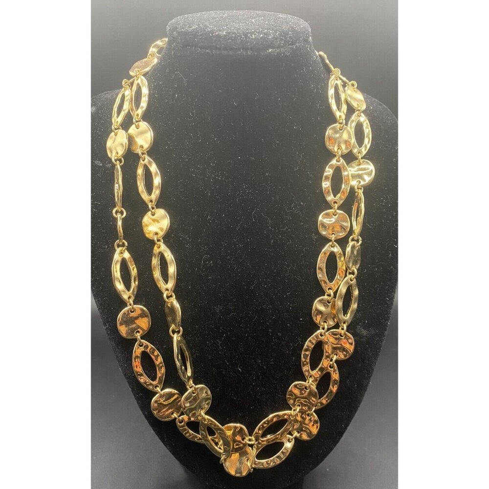 Polished Hammered Discs Necklace Yellow Gold Tone Fashion Links 36 + 3" 80's - Picture 2 of 4